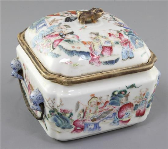 A Chinese famille rose square food warming vessel, liner and cover, Tongzhi mark and of the period (1862-74), width 5.5cm